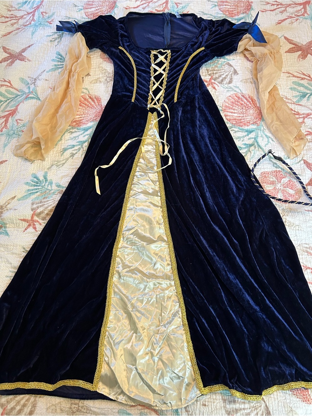 Navy Velvet Medieval Lace-Up Gown Costume with Gold Trim & bonus tiara